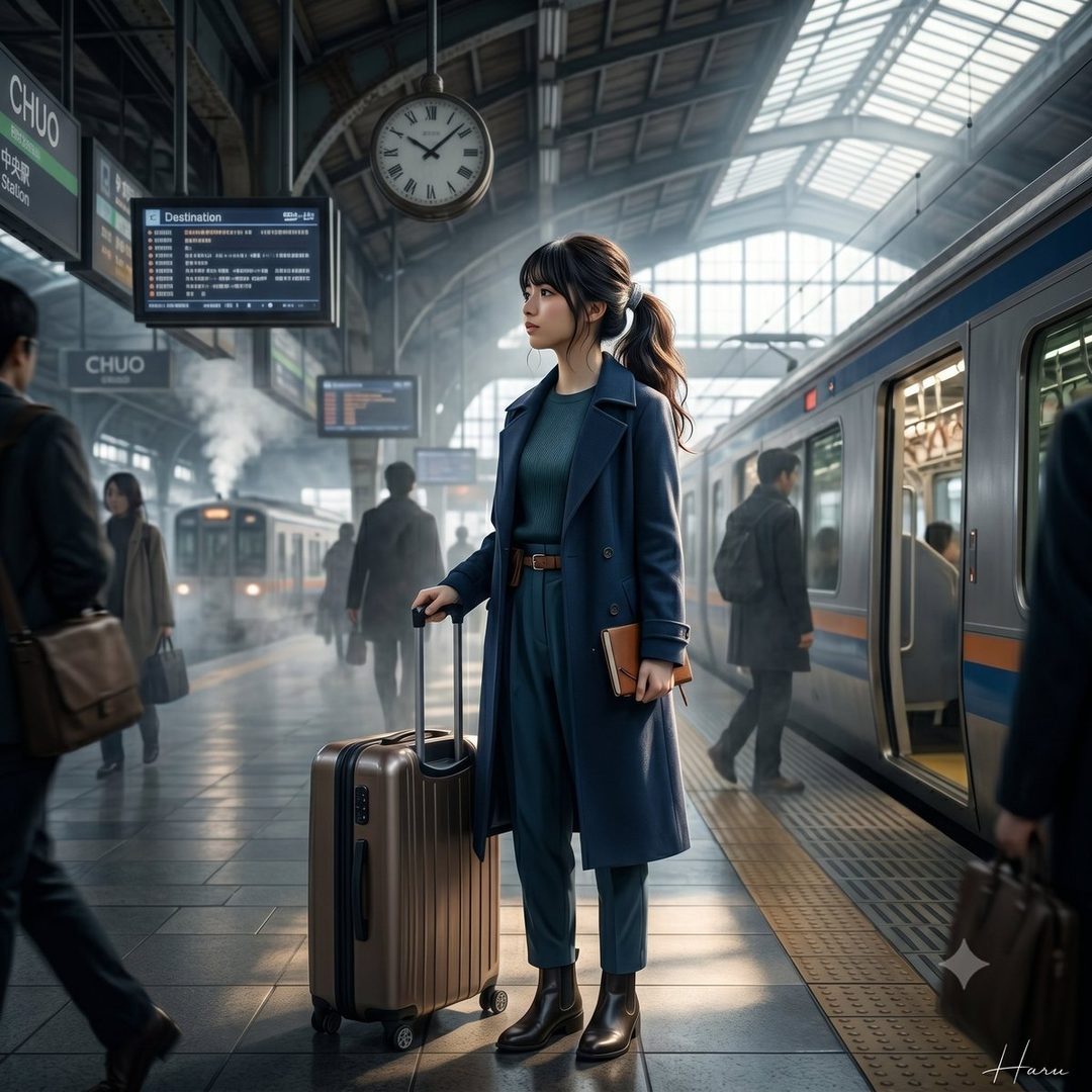 A woman with a ponytail and a dark coat stands with a suitcase on a train station platform, looking into the distance.