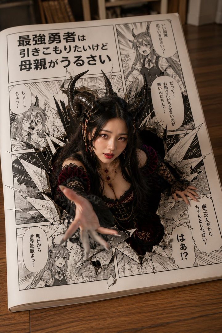 A woman dressed as a demon queen with horns and a gothic dress appears to break out of a manga panel, reaching towards the viewer.