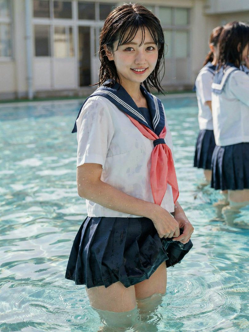 A young woman in a school uniform stands in shallow water, smiling at the camera.