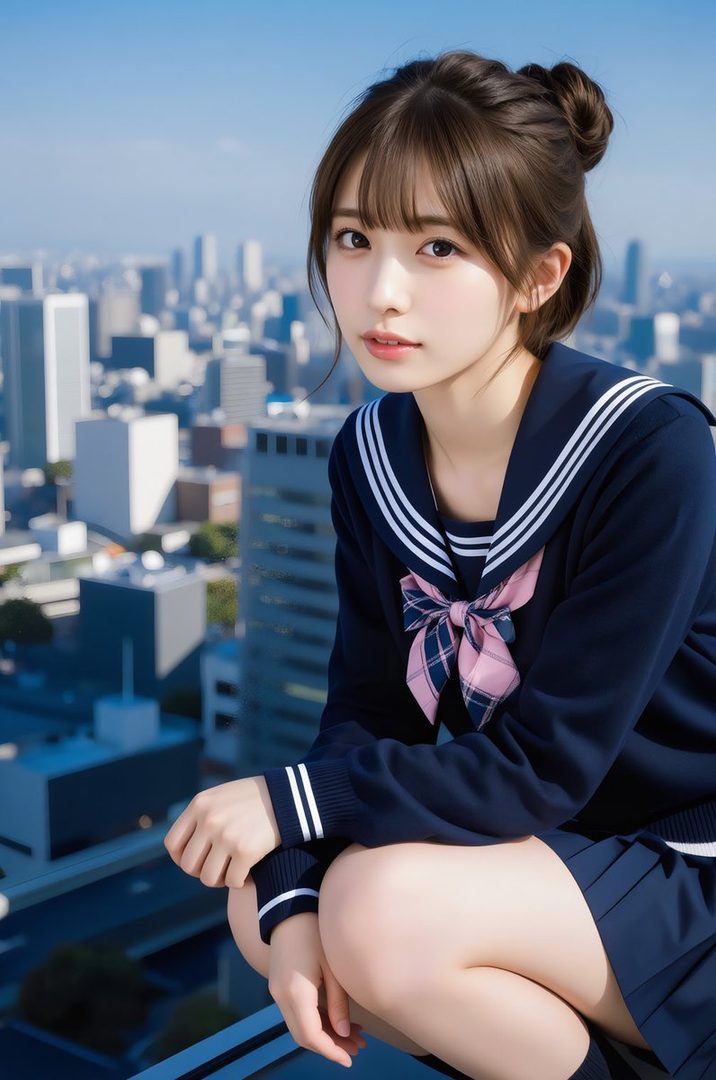 A young woman with brown hair and bangs, wearing a school uniform, crouches on a rooftop overlooking a city skyline on a clear day.
