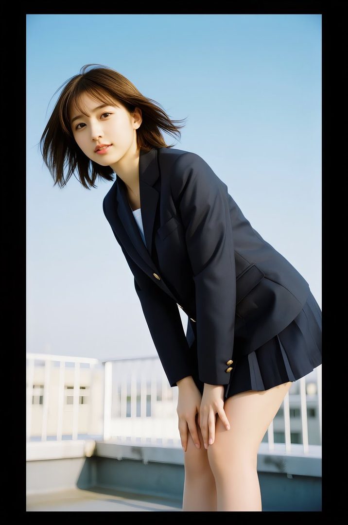 A young woman with short brown hair wearing a school uniform blazer and skirt, bending forward on a rooftop under a clear blue sky.
