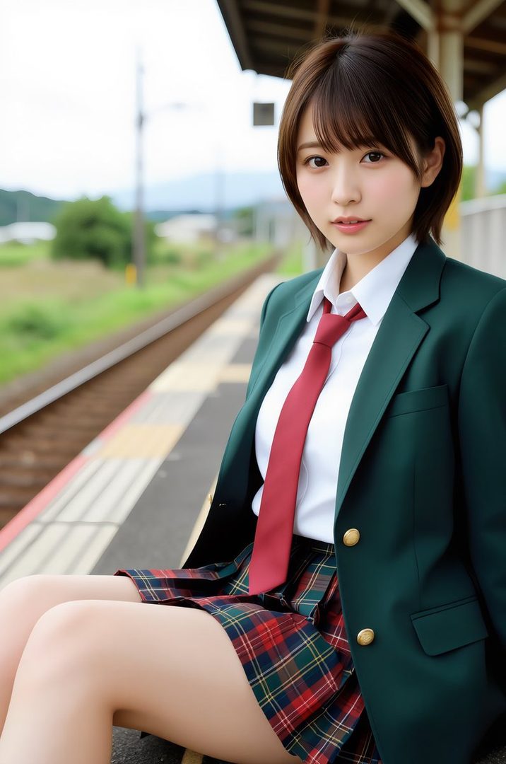 A young woman with short brown hair and bangs, wearing a green blazer, white shirt, red tie, and plaid skirt, sits on a train platform.