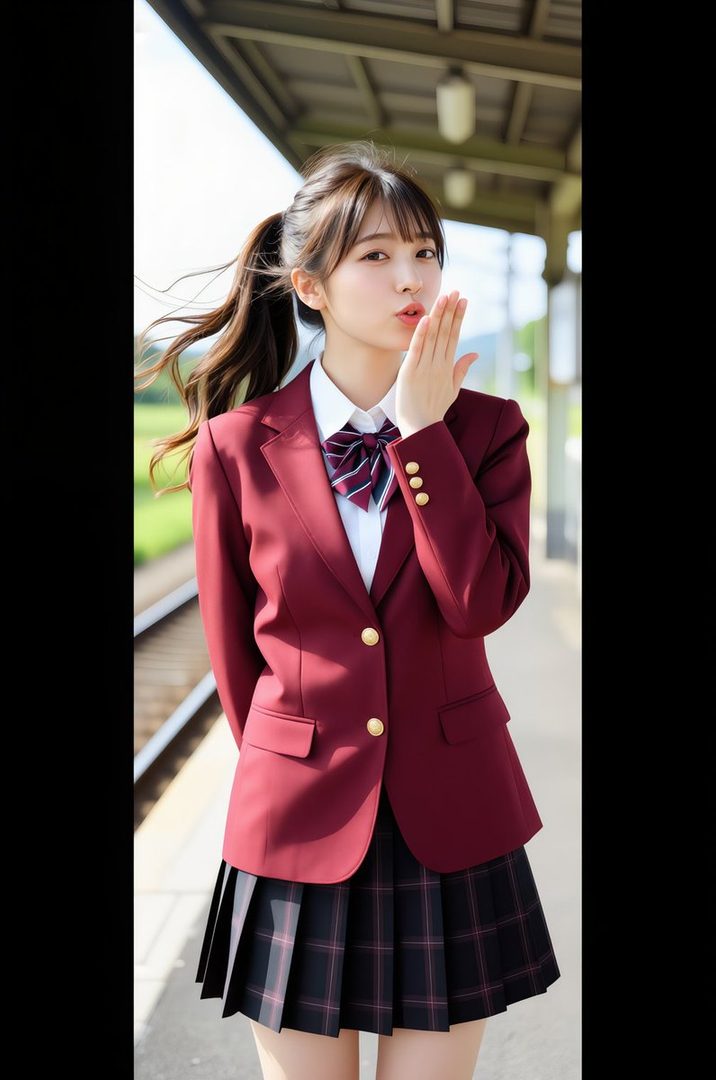 A young woman in a school uniform with a red blazer and plaid skirt blows a kiss at a train station.