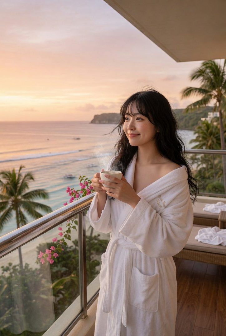 A young woman in a white bathrobe stands on a balcony overlooking the ocean at sunset, holding a steaming cup.
