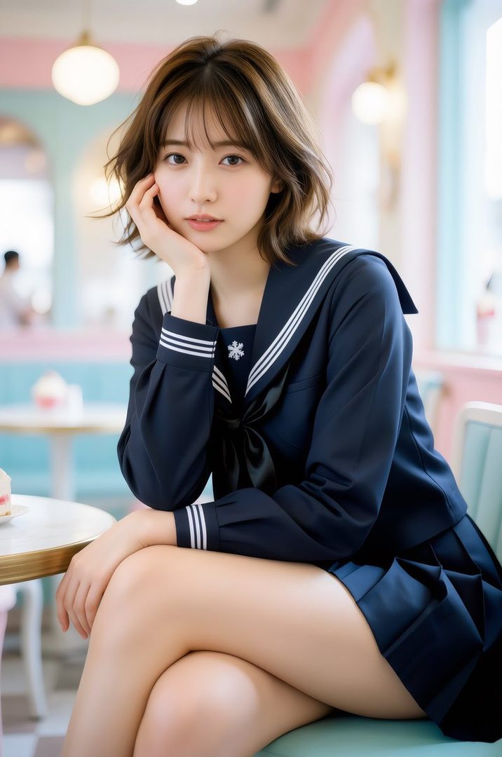 A young woman with short brown hair wearing a school uniform sits at a table in a cafe, looking at the camera.