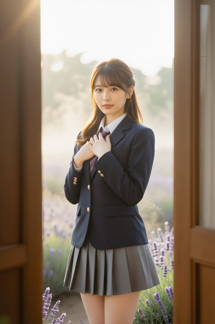 A young woman in a school uniform stands in a field of lavender during daytime.