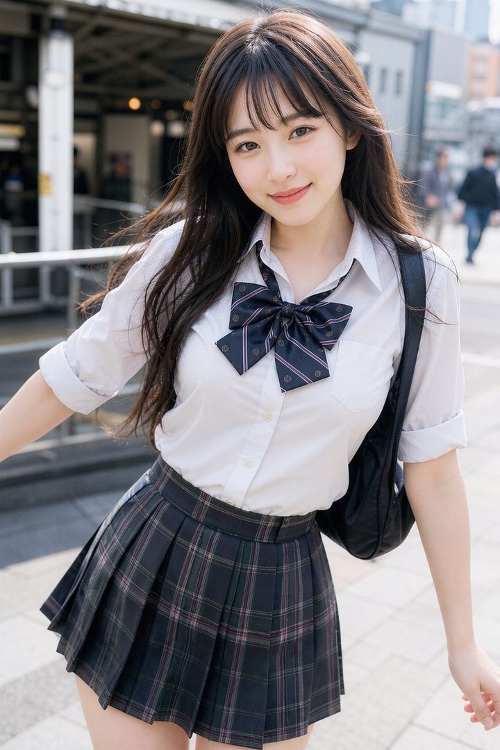 A young woman with long brown hair and bangs, wearing a white shirt and plaid skirt, smiles gently on a city street.