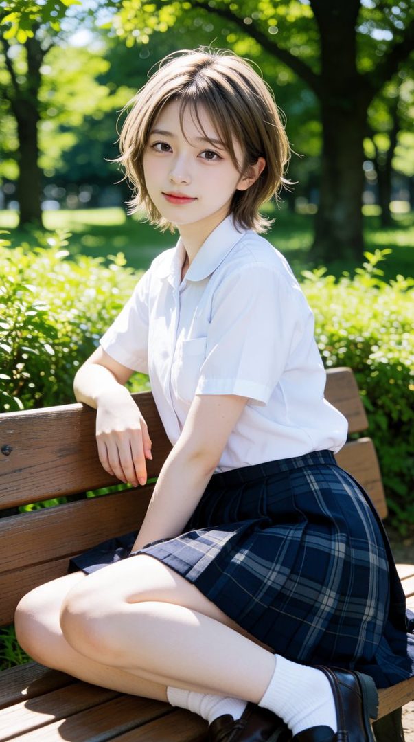 A young woman with short brown hair wearing a school uniform sits on a park bench on a sunny day.