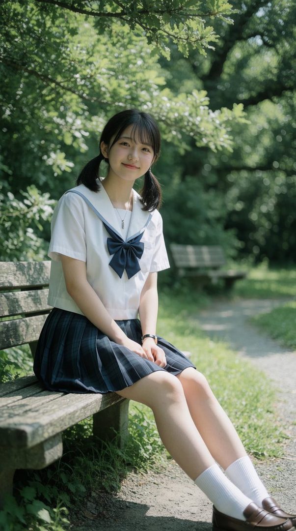 A young girl with black twintails and bangs, wearing a school uniform, sits on a wooden bench in a park on a sunny day.