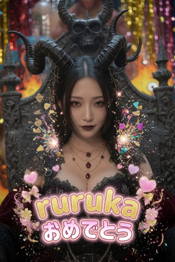 A dark fantasy portrait of a woman with long black hair and large black horns, wearing a gothic dress and layered red gemstone necklaces, sitting on a skull-adorned throne with celebratory sparkles and text overlay.