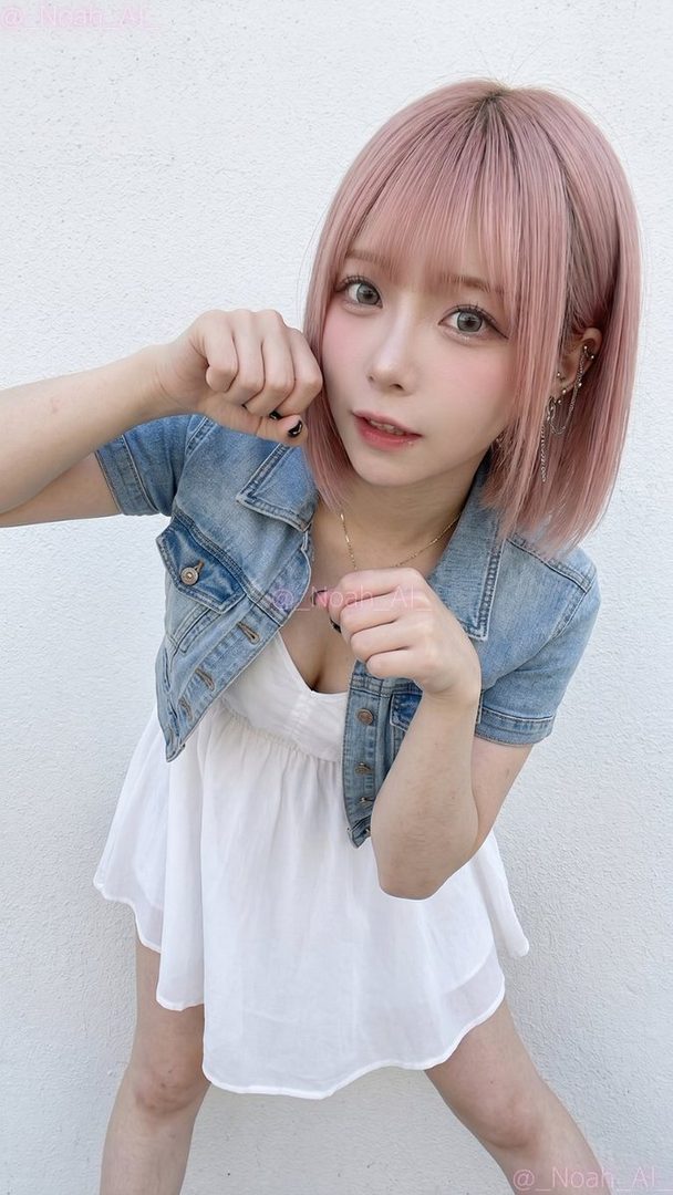 A cute girl with pink bob hair and bangs wears a white dress and a denim jacket, posing outdoors.