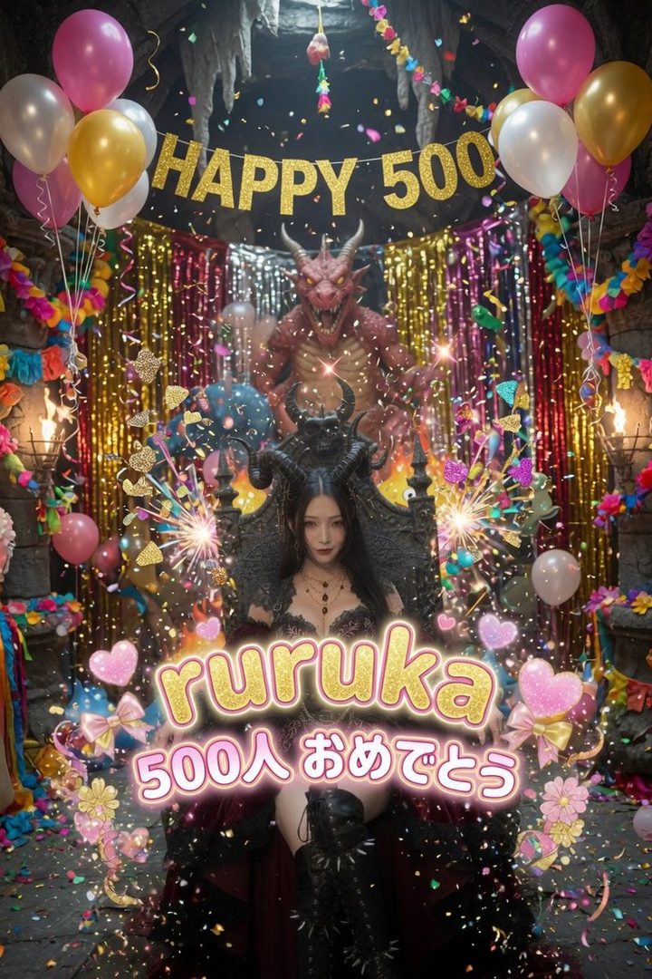 A woman dressed as a demon queen with horns sits on a throne in a festive, dark fantasy setting with balloons, streamers, and a dragon statue, celebrating 'Happy 500'.