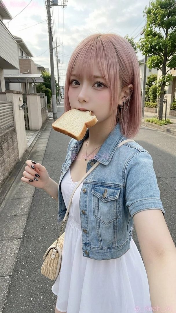 A cute girl with pink hair and a denim jacket holds a slice of bread in her mouth while walking on a street.