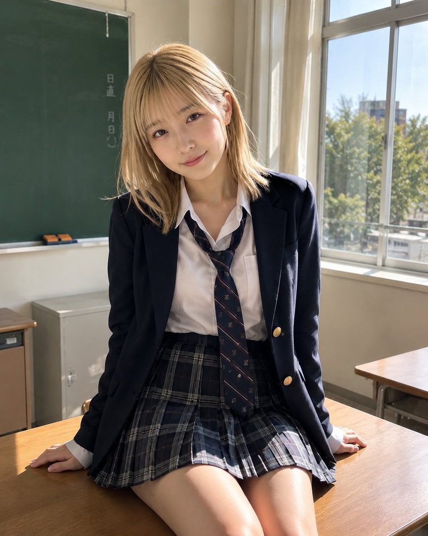 A blonde woman in a school uniform sits on a desk in a classroom, looking at the camera.