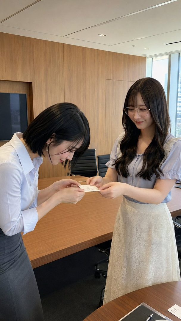 Two women exchange business cards in a professional office setting, one with short black hair bowing slightly and the other with long black hair and glasses smiling.