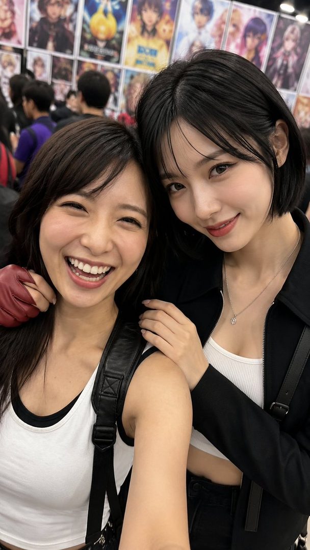 Two young women smiling and posing for a selfie indoors, with one wearing a white tank top and the other a black jacket over a white top.