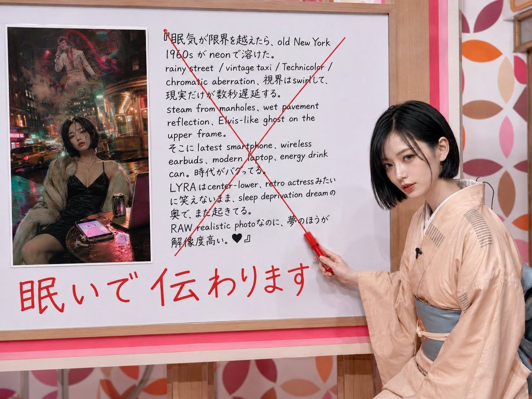 A woman with short black hair wearing a kimono points to a whiteboard with Japanese text and an image of a woman in a city.