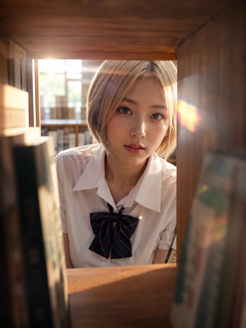 A young woman with short blonde hair and a school uniform peeks out from between bookshelves, illuminated by sunlight.