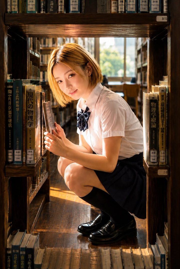 A young woman with blonde hair in a school uniform crouches in a library aisle, holding a book and looking at the camera.