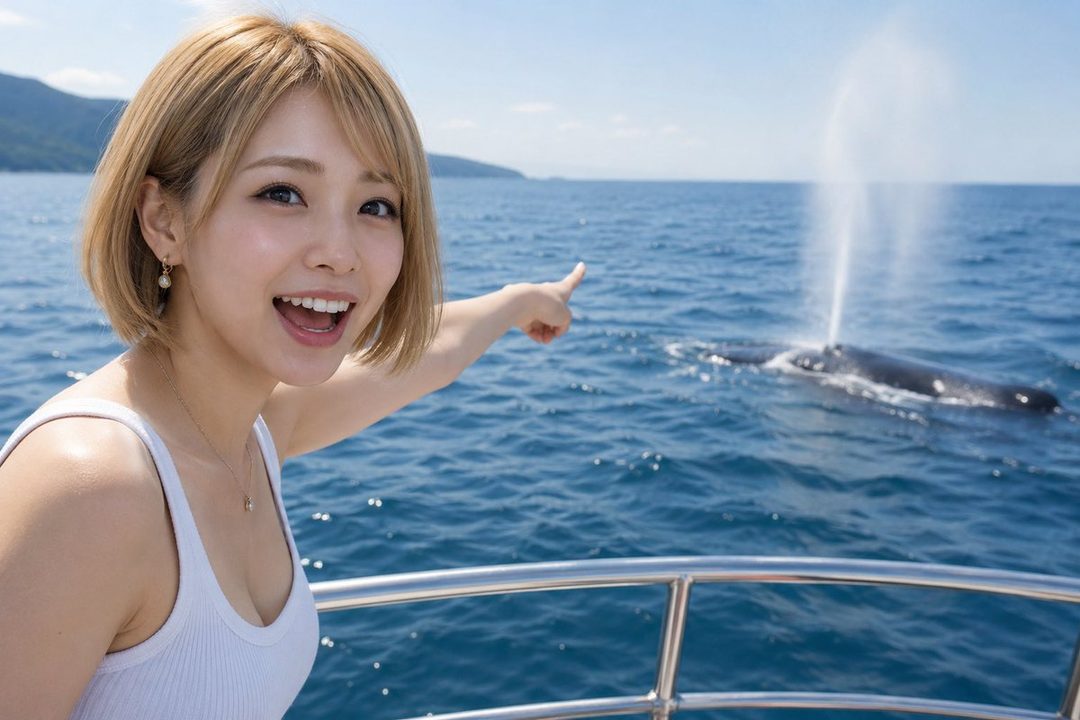 A smiling woman with short blonde hair points at a whale spouting water in the ocean from a boat.