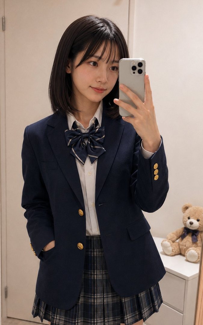 A young woman with short black hair takes a selfie in a blazer and plaid skirt, holding a smartphone.