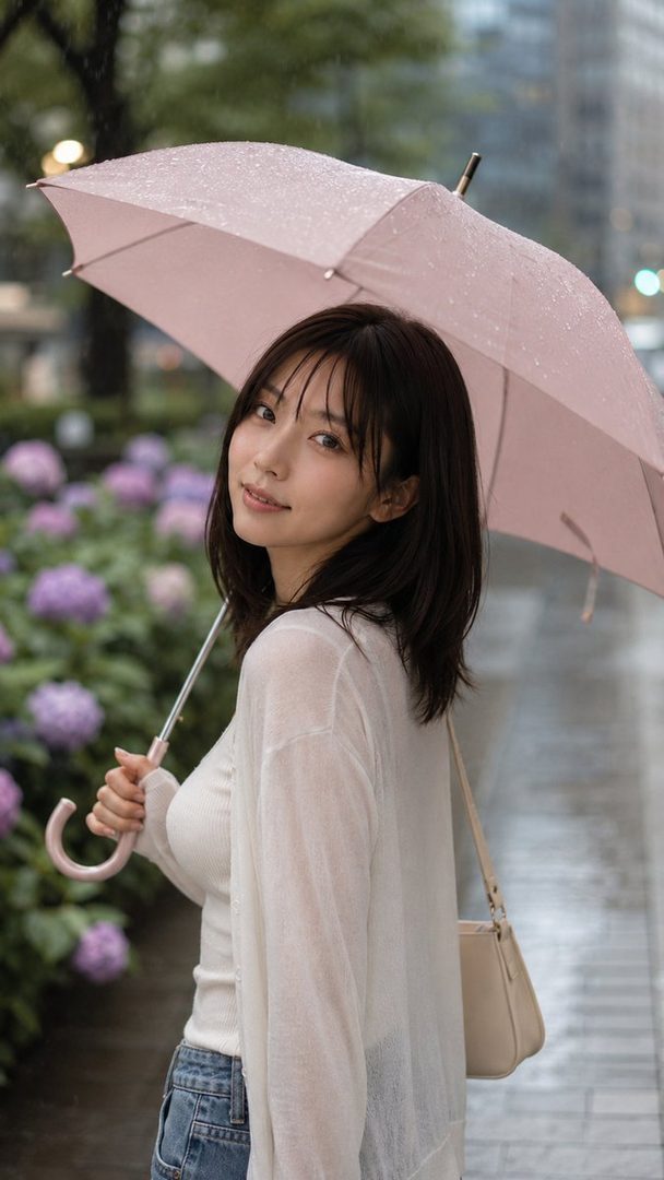 A young woman with black hair and bangs holds a pink umbrella on a rainy street, looking back at the camera with a gentle smile.