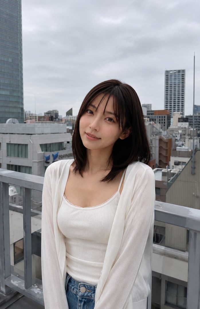 A young woman with short dark hair smiles gently while standing on a city rooftop.
