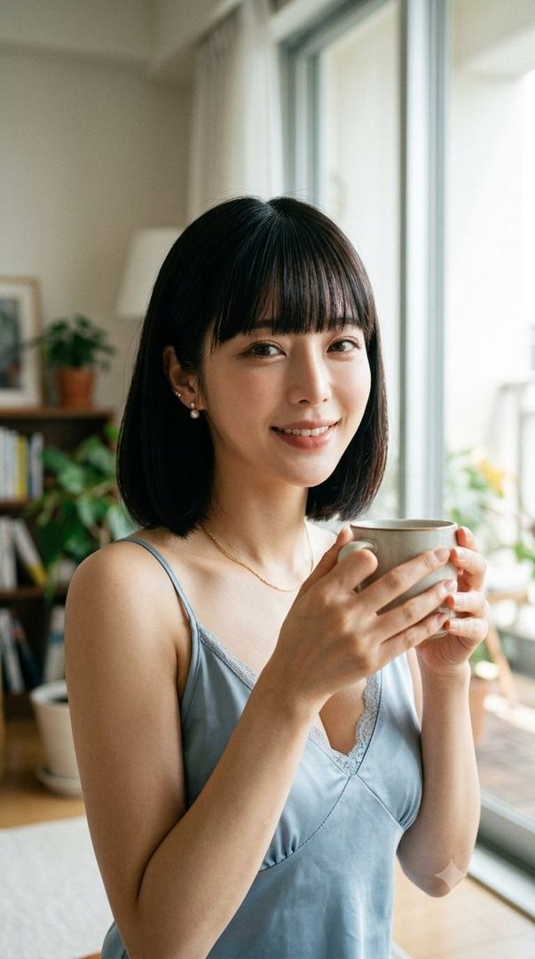 A smiling woman with short black hair and bangs holds a mug indoors, looking at the camera.