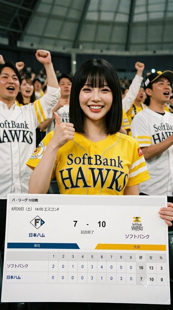 A smiling woman in a yellow SoftBank Hawks baseball jersey holds up a scoreboard showing a 10-7 win.