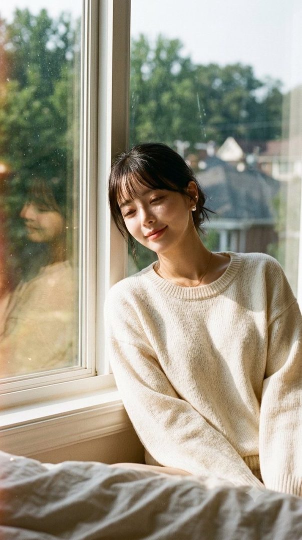 A serene woman with dark hair and bangs, wearing a light-colored sweater, sits by a window with sunlight streaming in.