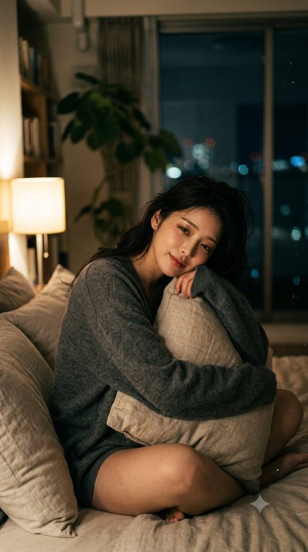 A woman with long black hair sits on a bed at night, wearing a grey sweater and holding a pillow, with city lights visible outside a window.