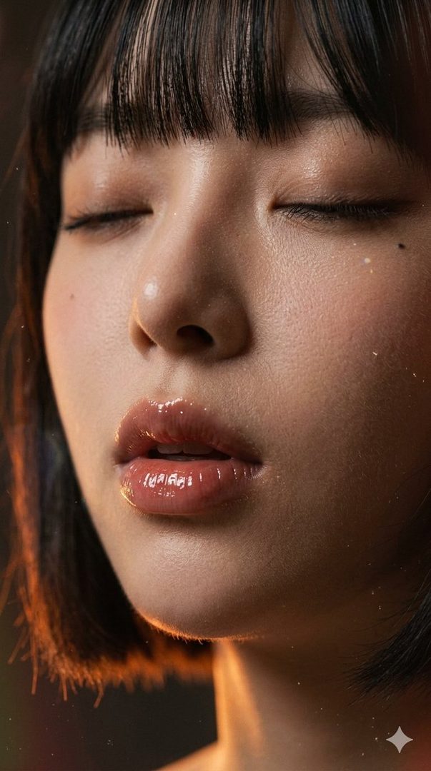 A close-up portrait of a woman with her eyes closed, featuring glossy lips and short dark hair with bangs.