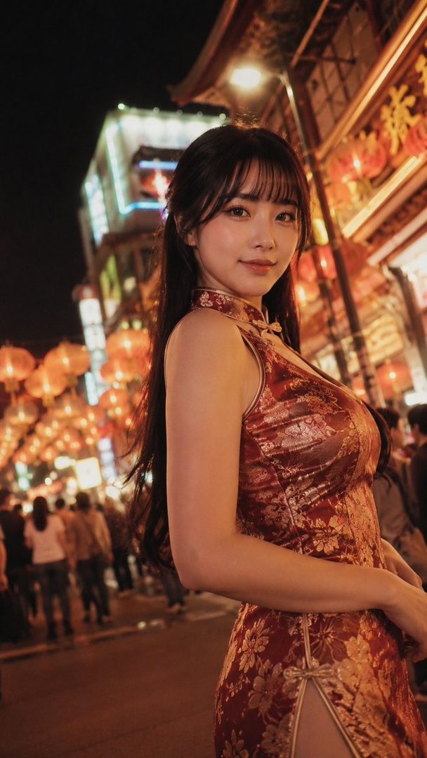 A young woman in a red cheongsam stands on a bustling street at night, illuminated by lanterns.