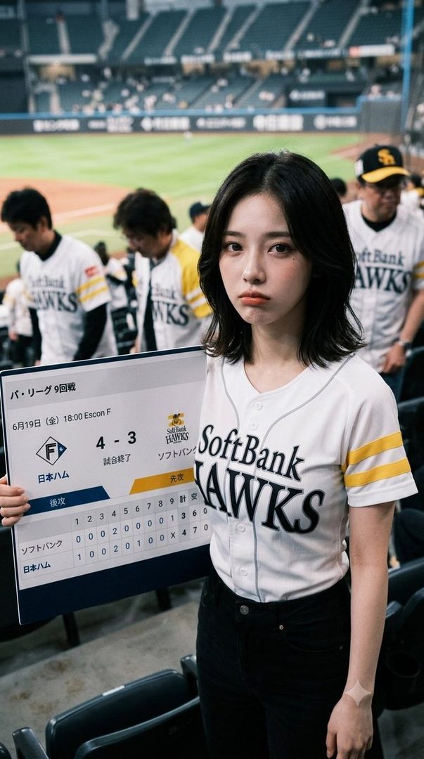 A young woman with short black hair wears a baseball jersey and holds up a scoreboard at an indoor baseball stadium.