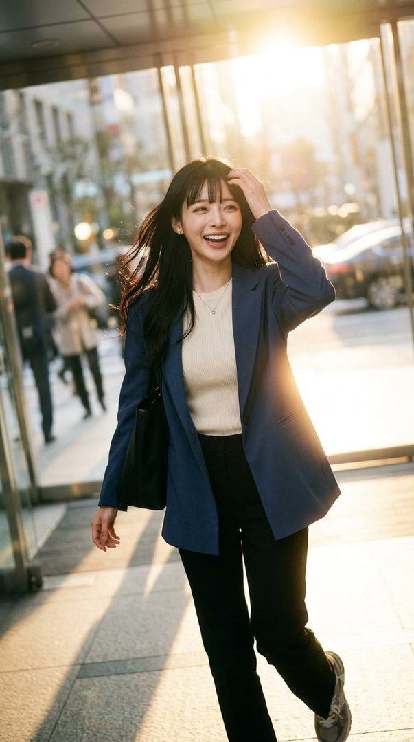 A smiling woman with long black hair and bangs, wearing a blue blazer and black pants, walks on a city street during golden hour.