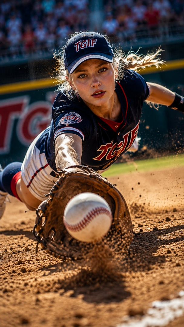 A blonde woman in a baseball uniform dives to catch a baseball on a sunny field.
