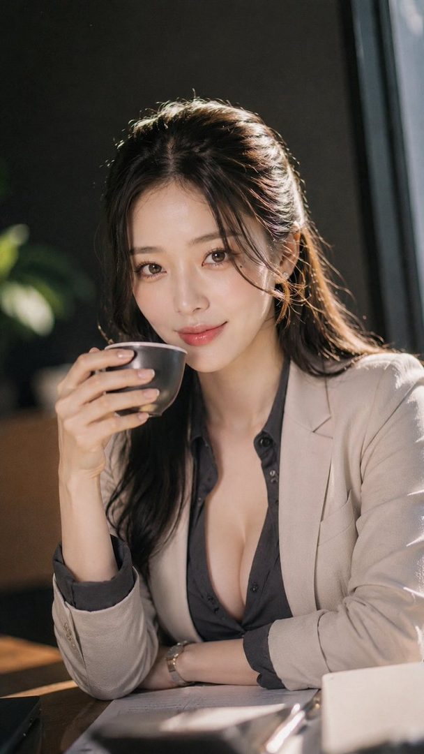 A photorealistic portrait of a woman with long brown hair, wearing a beige blazer and a dark shirt, holding a coffee cup indoors.