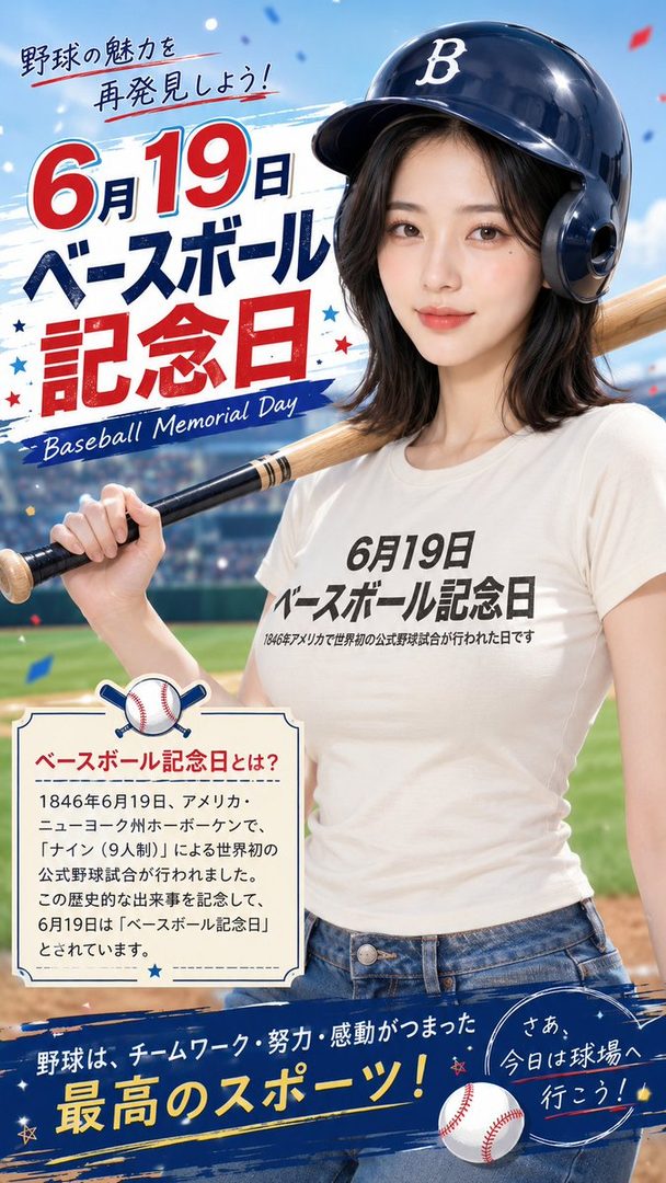 A young woman wearing a baseball helmet and holding a bat, with text about Baseball Memorial Day.