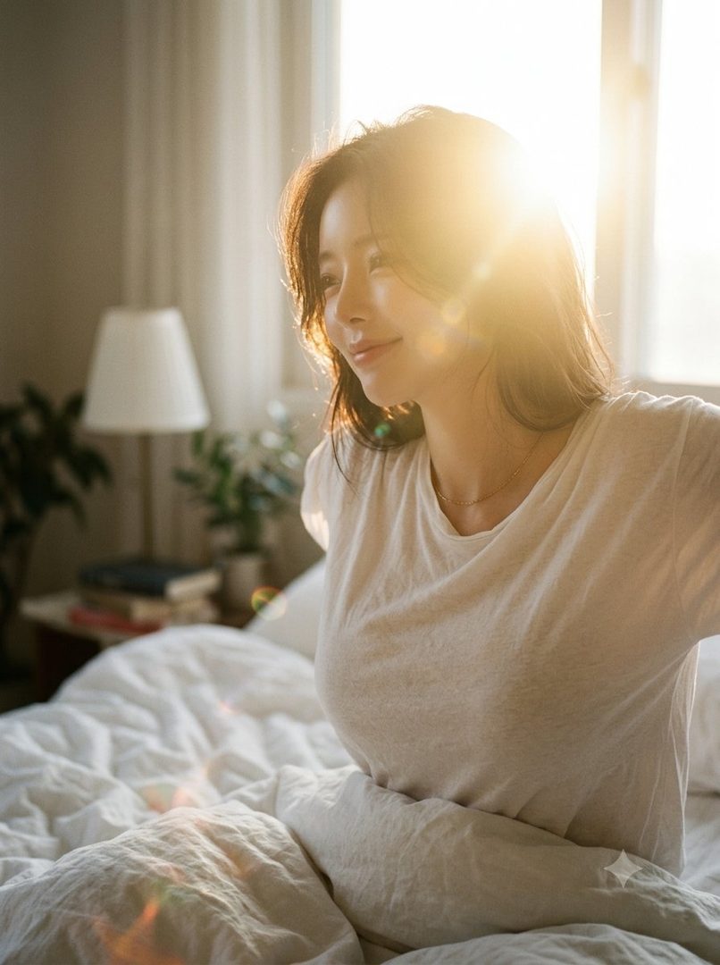 A woman with brown hair sits in bed, bathed in warm morning sunlight, wearing a casual white t-shirt.