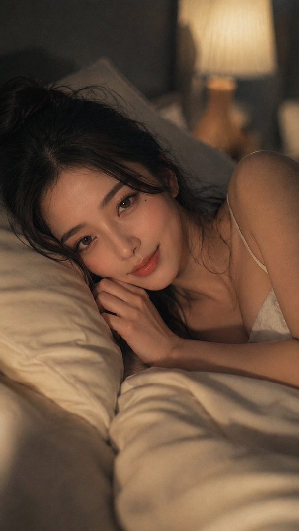 A photorealistic AI-generated portrait of a woman with dark hair lying in bed, looking dreamily at the camera.