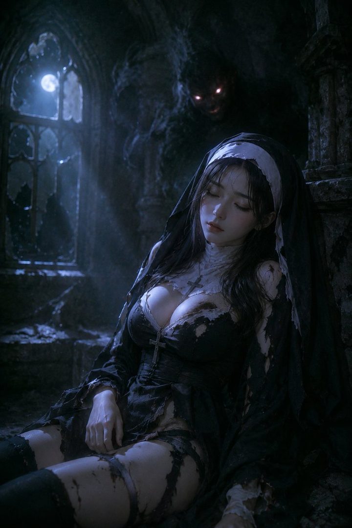 A photorealistic image of a woman dressed in a tattered nun's habit, with a dark, shadowy figure looming behind her in a gothic setting.