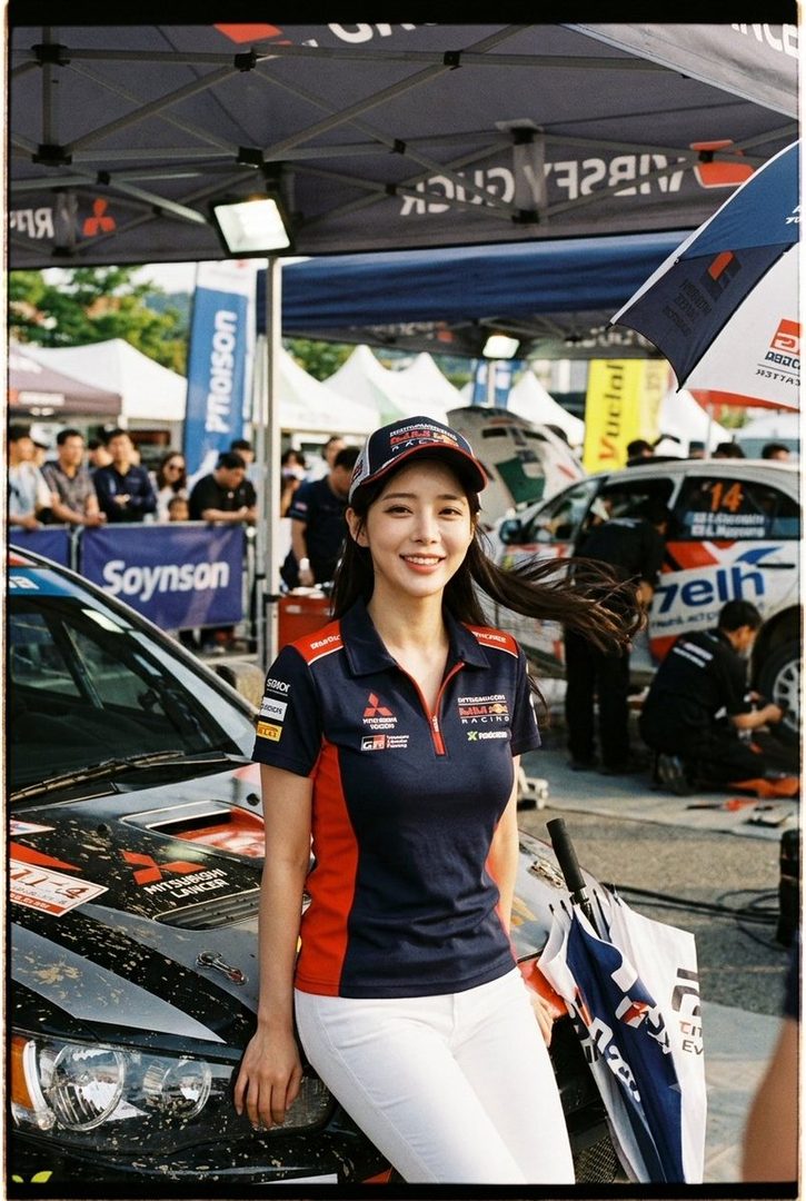 A beautiful woman in a racing uniform and cap smiles brightly next to a rally car at an outdoor event.
