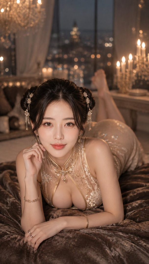A beautiful woman in a golden cheongsam dress with an ornate hairstyle lies on a bed, with a city night view in the background.