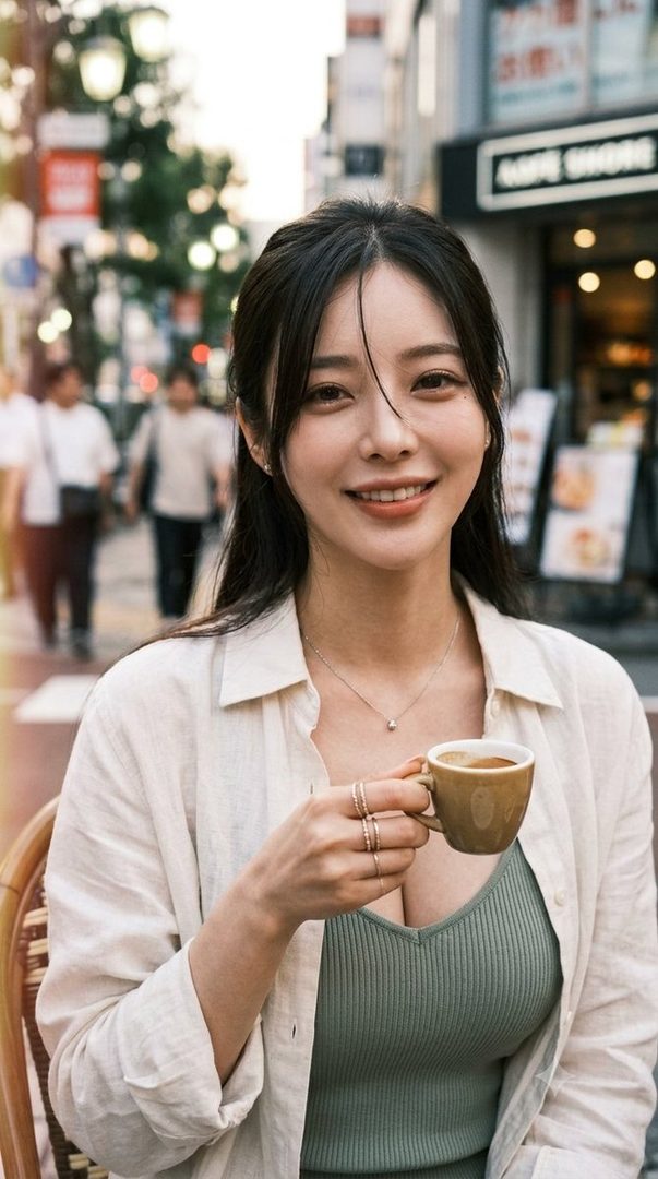 A smiling woman with long black hair holds a coffee cup while sitting outdoors on a city street.