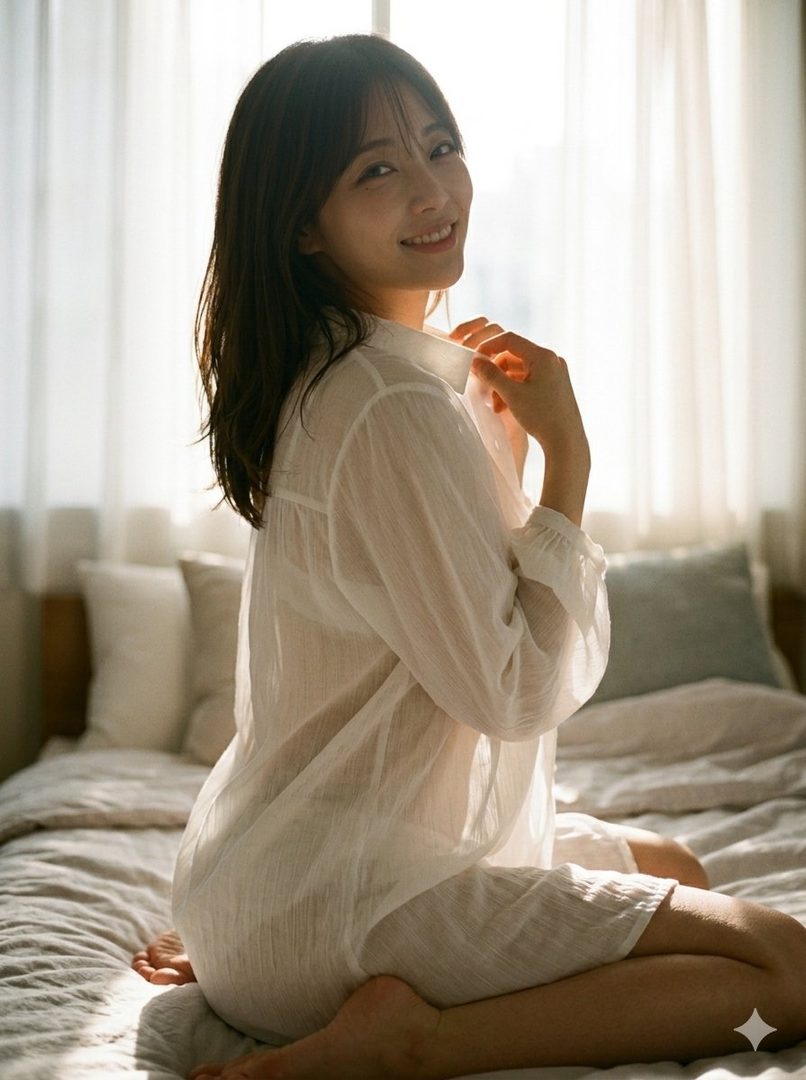 A smiling woman with long brown hair sits on a bed in a sunlit room, wearing a sheer white shirt.