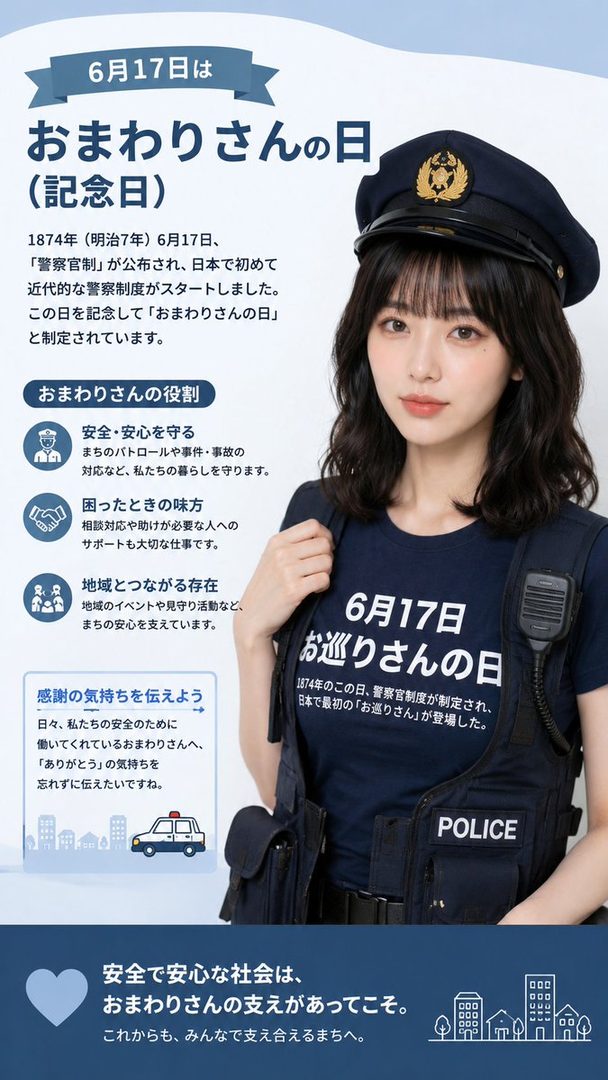 A young woman with black hair and bangs, wearing a police uniform and cap, smiles gently in a promotional image for "Police Officer's Day" in Japan.
