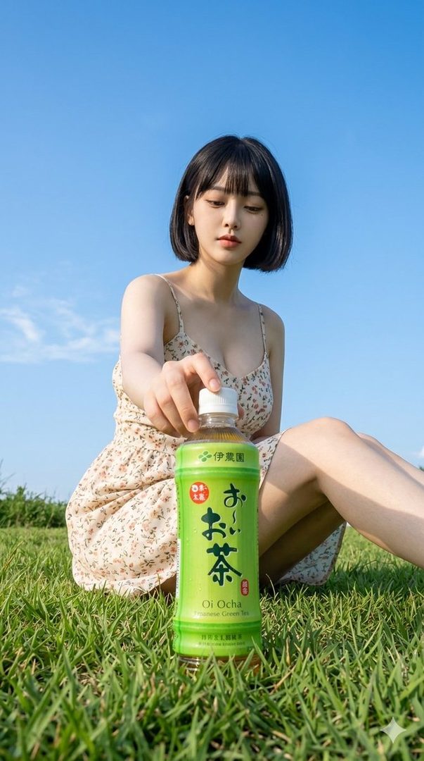 A young woman with short black hair and a floral dress sits on green grass under a clear blue sky, holding a bottle of green tea.