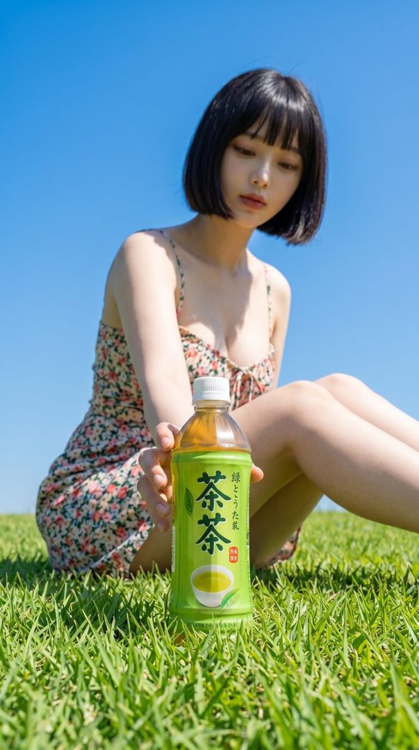 A young woman with short black hair and bangs sits on green grass under a clear blue sky, holding a green tea bottle.