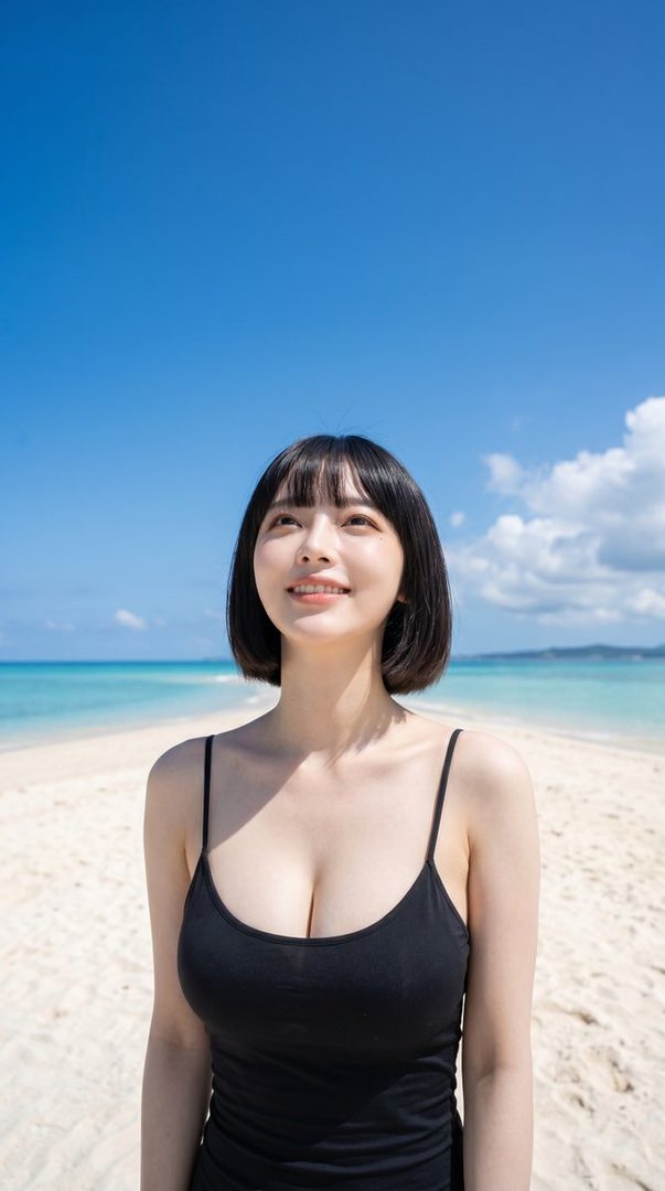 A photorealistic portrait of a young woman with short black hair and bangs, wearing a black top, smiling and looking up at the blue sky on a sunny beach.