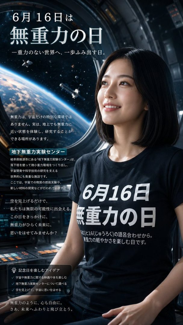 A smiling woman with short black hair wears a black t-shirt with Japanese text, looking out a spaceship window at Earth.